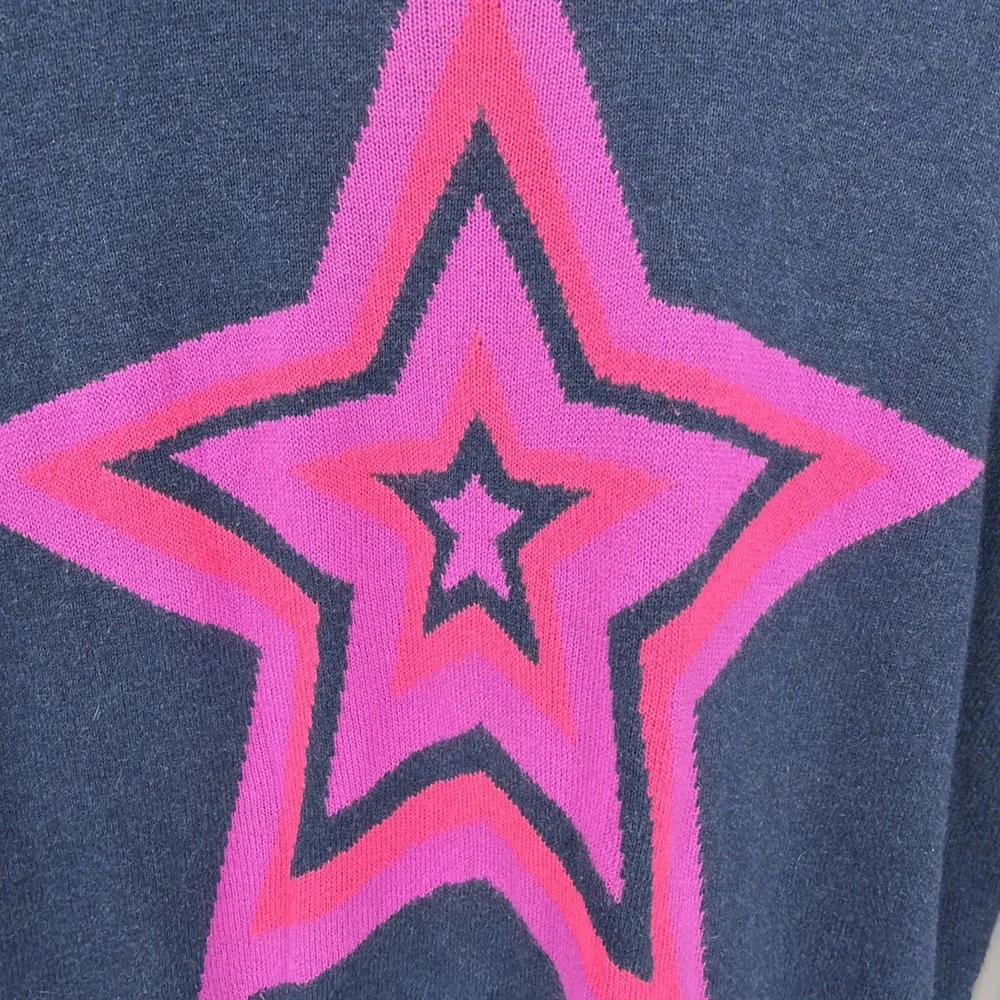 Lisa Todd Navy Pink Star Colorful Sz S Point Taken Knit Cotton Sweater Intarsia